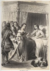 Madame Deshoulieres, Antoinette Ligier de La garde (1637-1694) przytłoczona pytaniami swojej świty po nocy spędzonej w strachu przed duchem. Grawerowanie A. Duruy w „”Illustration litteraires de la France; lub Galerie anegdotique de nos pr