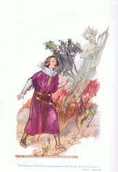 Ferdinand ze zdumieniem podążył za dźwiękiem głosu Ariela (Burza), z Opowieści z pubu Shakespeare. przez Ward Lock & Co Ltd