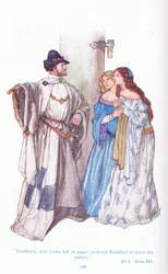 Fryderyk z gniewnymi spojrzeniami nakazał Rosalind opuścić pałac (Jak wam się podoba) z pubu Tales from Shakespeare. przez Ward Lock & Co Ltd