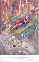 Oberon zostawił klauna, by dokończyć sen z głową głupca na ramionach (Sen nocy letniej), z Opowieści z pubu Shakespeare. przez Ward Lock & Co Ltd