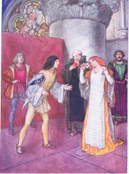 Zdejmując maskę, nieznana dama okazała się nie być siostrzenicą (jak to przedstawiła) sama bohaterka (Wiele hałasu o nic), z Tales from Shakespeare pub. przez Ward Lock & Co Ltd