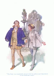 Książę był cudownie zadowolony z adresu i postawy tego przystojnego młodzieńca (Dwunasta Noc) z pubu Tales from Shakespeare. przez Ward Lock & Co Ltd