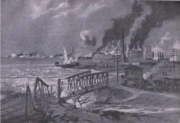 Zniszczenie stoczni w Bari (Włochy) przez austro-węgierskie niszczyciele torpedowe, z Ilustrowanej Historii Wojny Światowej 1914-1915 wyd. przez Union Berlagsefellfchaft