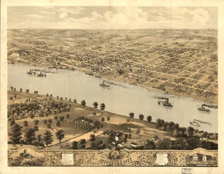 Widok z lotu ptaka na Jefferson City, stolicę stanu Missouri w 1869 r. LOC 73693479