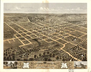 Widok z lotu ptaka na miasto Columbia, Boone Co., Missouri 1869. LOC 73693473