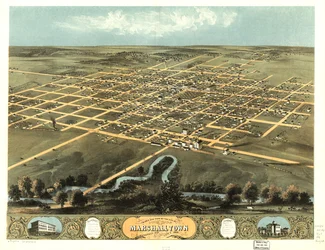 Widok z lotu ptaka na miasto Marshalltown, Marshall Co., Iowa 1868. LOC 73693402