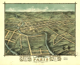 Widok miasta Paris z lotu ptaka, hrabstwo Bourbon, Kentucky, 1870 r. LOC 73693417
