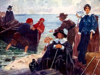 Grupa wygnańców zacumowała swój bark przy dzikim wybrzeżu Nowej Anglii, 1620, 1905.
