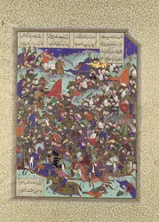 Kai Khusrau pokonuje armię Makran, Folio 376v z Księgi Shahnama z..., ca. 1525-30.