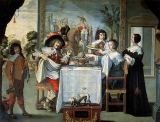 Pięć zmysłów, smak anonimowego malarza, kopia ryciny Abrahama Bosse (1602-1676), olej na płótnie - „Pięć zmysłów: smak” Scena degustacji wyrafinowanego posiłku złożonego z melonów, karczochów w pięknym szlacheckim domu. Obraz Abrahama Bosse (1602