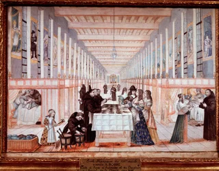 Wizyta Anny Austriaczki w Szpitalu Sióstr Miłosierdzia. Z delfinem (później Ludwik IV) (gwasz, ok. 1640)