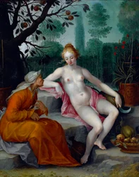 Vertumnus i Pomona (bóg pór roku przebiera się za staruszkę, aby dostać się do sadu nimfy) - Obraz Abrahama Bloemaerta (1566-1651), olej na miedzi, ok. 1605 - (Vertumnus i Pomona, pędzla Abrahama Bloemaert , olej na miedzi, c1605)
