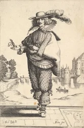 Pan stojący przed dużym zamkiem w kapeluszu z pióropuszem i koronkowym kołnierzu..., 1629.