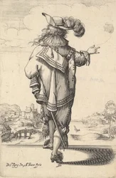 Pan w kapeluszu z pióropuszem i trzymający miecz, widziany z tyłu, z wyciągniętą prawą ręką..., 1629.