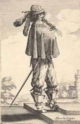 Pan w krótkim płaszczu, hełmie i butach z ostrogami, stojący na stopniach i..., 1629.