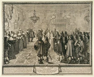 Ceremonia przekazania kontraktu małżeńskiego Władysława IV i Marii Ludwiki Gonzagi w Fontainebleau.