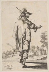 Dżentelmen widziany z tyłu wskazujący na zamek, 1629.