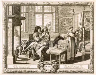Mąż z żoną siedzący na kolanach przy kominku, Bosse, Abraham (1602-76)