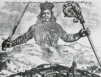 Strona tytułowa dzieła „Lewiatan, czyli materia, forma i władza wspólnoty kościelnej i cywilnej” Thomasa Hobbesa