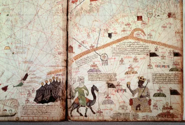 Cieśnina Gibraltarska i Afryka Północna oznaczone flagami Maurów; po prawej król Mali Kanga Moussa (Kankou Moussa albo Kankan Moussa albo Mansa Moussa), ukazujący Złoty Glob. Fragment Atlasu katalońskiego (mapy katalońskiej), iluminowany przez Abrahama