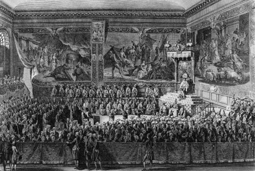 Pierwsza rewolucja francuska: łoże sprawiedliwości, która odbyła się w Wersalu 6 sierpnia 1787 r. przez króla Francji Ludwika XVI (1754-1793). Rysunek i rycina autorstwa Abrahama Girardeta. Paryż, Biblioteka Instytutu Historii Rewolucji