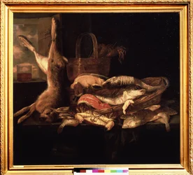 „Martwa natura z rybami i martwym zającem” Obraz Abrahama Hendricksza van Beyerena (1620/21-1690) (ec. holl.) Muzeum Puszkina XVII w., Moskwa