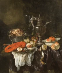 Martwa natura z homarem, owocami, srebrem i porcelaną, około 1660