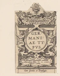 Kartusz spotkał się z vier putti Kartusz van een kaart van Duitsland Niemcy Rodzaj Niemiec (tytuł na przedmiocie) Theatrum Orbis Terrarum (tytuł serii)