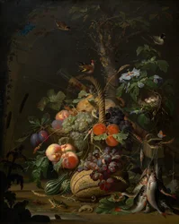 Martwa natura z owocami, rybami i gniazdem, około 1675