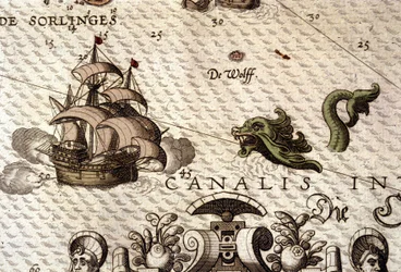 Morski potwór atakujący galeon (karawela). Fragment mapy w „Theatrum Orbis Terrarum” Abrahama Orteliusa, Antwerpia 1584