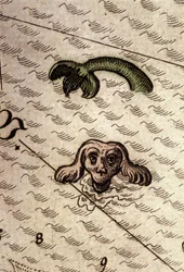 Morski potwór ma głowę psa i ciało ryby. Fragment mapy w „Theatrum Orbis Terrarum” Abrahama Orteliusa, Antwerpia 1584.