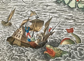 Statek atakowany przez potwora morskiego z Typus orbis terrarum autorstwa Abrahama Orteliusa