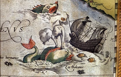 Wieloryb atakuje statek. Płyta z edycji „Theatrum Orbis Terrarum” kartografa Abrahama Orteliusa (1527-1598)
