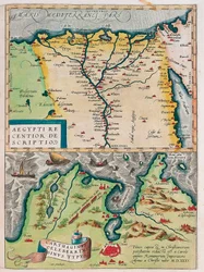 Nowszy opis Egiptu. - Typ zatoki Kartaginy Mapa geograficzna Egiptu z miastami Nilu i Kartaginy (Tunezja) z „Theatrum Orbis Terrarum” Abrahama Orteliusa (Oertel, Ortell lub Ortel