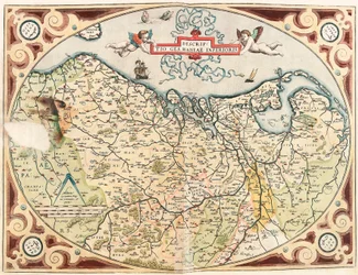 Opis mapy geograficznej Dolnych Niemiec terytorium Holandii Germański z „Theatrum Orbis Terrarum” autorstwa Abrahama Orteliusa (Oertel, Ortell lub Ortel