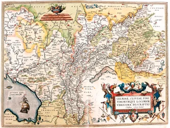 Gelriae, Cliviae, Finitimorum Qe Locos Verissima Descriptio Christiana Schrot Autor: Mapa geograficzna terytorium Holandii niemieckiej z „Theatrum Orbis Terrarum” autorstwa Abrahama Orteliusa (Oertel, Ortell lub Ortel