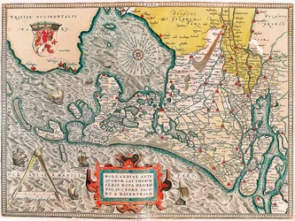 Hollandia antiquorum catthorum sedis nova descriptio, auctore Jacobo a daventria Mapa geograficzna terytorium Holandii z miastami Amsterdam i Haarlem... zaczerpnięta z "Theatrum Orbis Terrarum" Abrahama Orteliusa (Oertel, Ortell lub Orte
