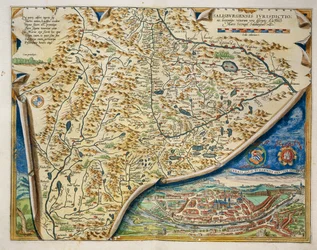 Mapa diecezji salzburskiej w Austrii z Theatrum Orbis Terrarum autorstwa Abrahama Orteliusa