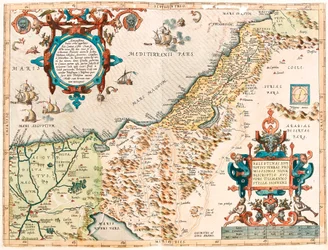 Palestyna lub cała mapa Promised Land Geography terytorium Palestyny ​​z „Theatrum Orbis Terrarum” Abrahama Orteliusa (Oertel, Ortell lub Ortel