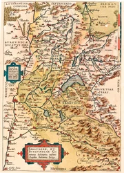 Sabaudia et Burgundiae Comitus opis Mapa terytorium Burgundii i Sabaudii (Pontarlier, Dijon, Jezioro Leman, Szwajcaria) z "Theatrum Orbis Terrarum" Abrahama Orteliusa (Oertel, Ortell lub Ortel).