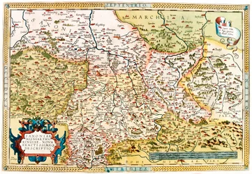 Mapa terytorium Saksonii, Turyngii w Niemczech z „Theatrum Orbis Terrarum” Abrahama Orteliusa (Oertel, Ortell lub Ortel