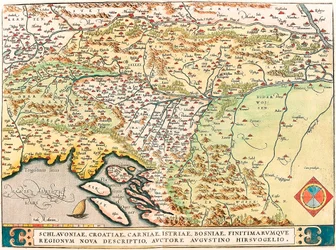 Schlavoniae, Chorwacja, Carniae, Istria, Bośnia, Bordereum Regionum Nova Opis, Autor Augustino Hirsuogelio Mapa geograficzna terytoriów Slawonii, Chorwacji, Bośni i Dalmacji z „Theatrum Orbis Terrarum” autorstwa Abrahama Orteliusa