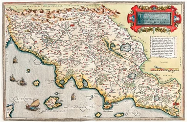 Sociae Opis autora Hieronymo Bellamarto Mapa geograficzna terytorium Toskanii we Włoszech z „Theatrum Orbis Terrarum” autorstwa Abrahama Orteliusa (Oertel, Ortell lub Ortel