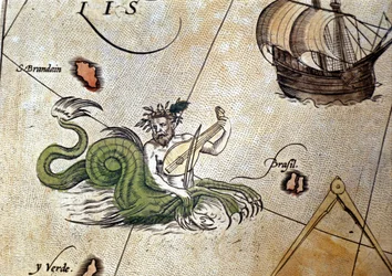Triton grający na lutni w pobliżu wyspy Saint Brendan (Brendan). „Theatrum Orbis Terrarum” Abrahama Orteliusa, Antwerpia 1584