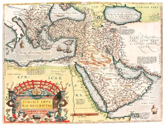 Opis Imperium Tureckiego Mapa geograficzna terytorium Imperium Osmańskiego zaczerpnięta z „Theatrum of the World” autorstwa Abrahama Orteliusa (Oertel, Ortell lub Ortel