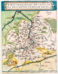 Prawdziwy opis Dukatu Wirtenberg, Tubingae, opublikowany w 1558 r. Mapa geograficzna Badenii-Wirtembergii (Badenia Wirtembergia) w Niemczech zaczerpnięta z „Theatrum Orbis Terrarum” przez Abrahama Orteliusa (Oertel, Ortell lub Ortel