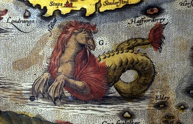 przedstawienie morskiego potwora mój koń mój wąż morski. Płyta z edycji „Theatrum Orbis Terrarum” kartografa Abrahama Orteliusa (1527-1598)