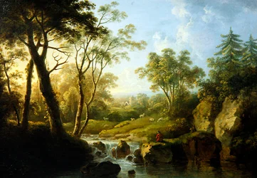 Zalesiony krajobraz z wodospadem (olej na płótnie)