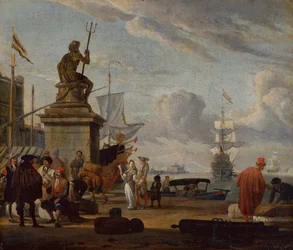 Śródziemnomorski port Capriccio z eleganckimi postaciami i kupcami