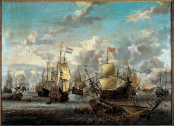 Druga wojna angielsko-holenderska: „”Bitwa Czterech Dni od 11 do 14.06.2016”” Przeciwstawiała się flotom holenderskim i angielskim. Obraz Abrahama Storcka (1635-1710) (ec.hol.) XVII-wieczny Paryż, Musee de la Marine
